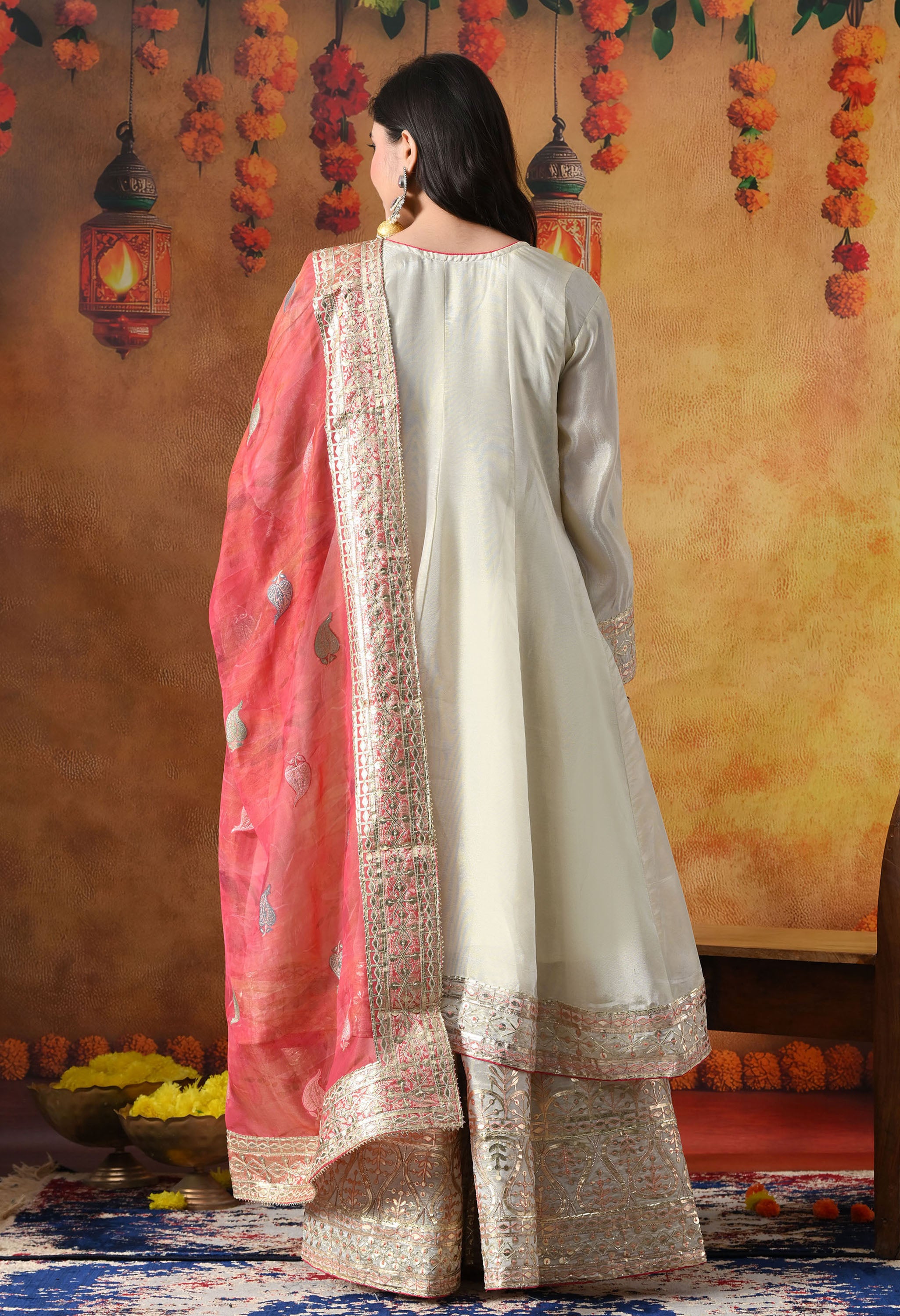 Golden Cream Tissue Crepe Sharara Set