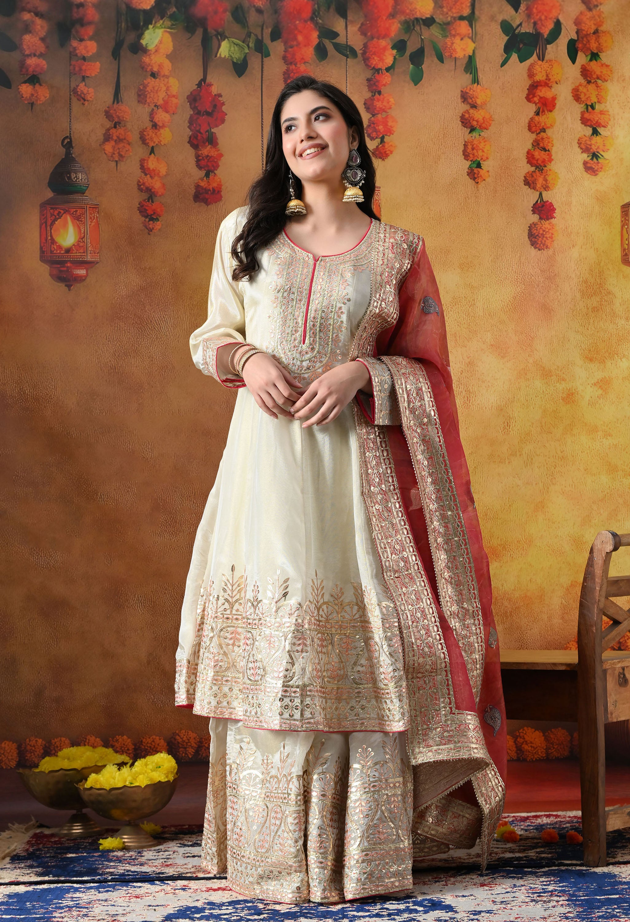 Golden Cream Tissue Crepe Sharara Set