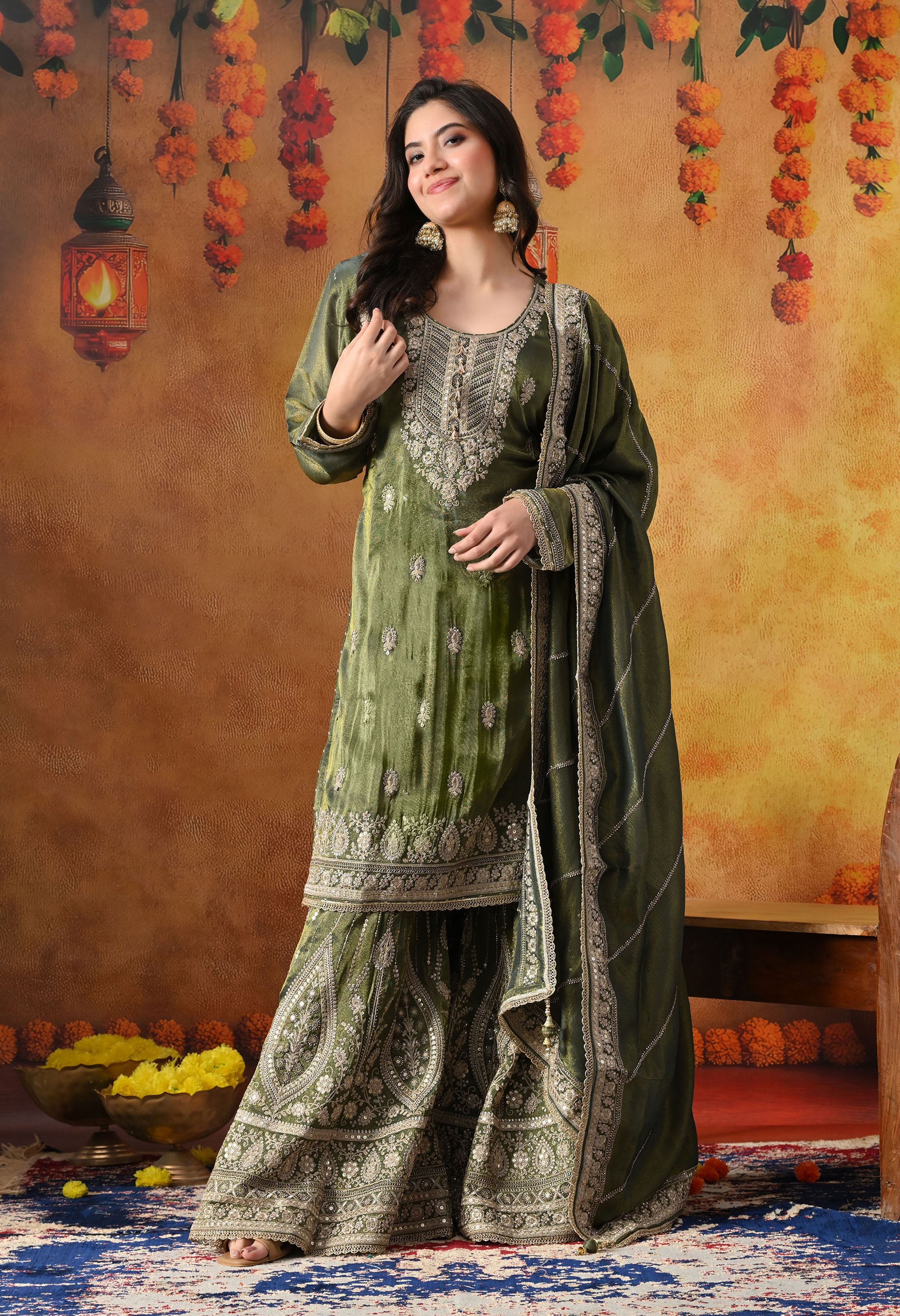 Mehndi Green Tissue Crepe Gharara Set