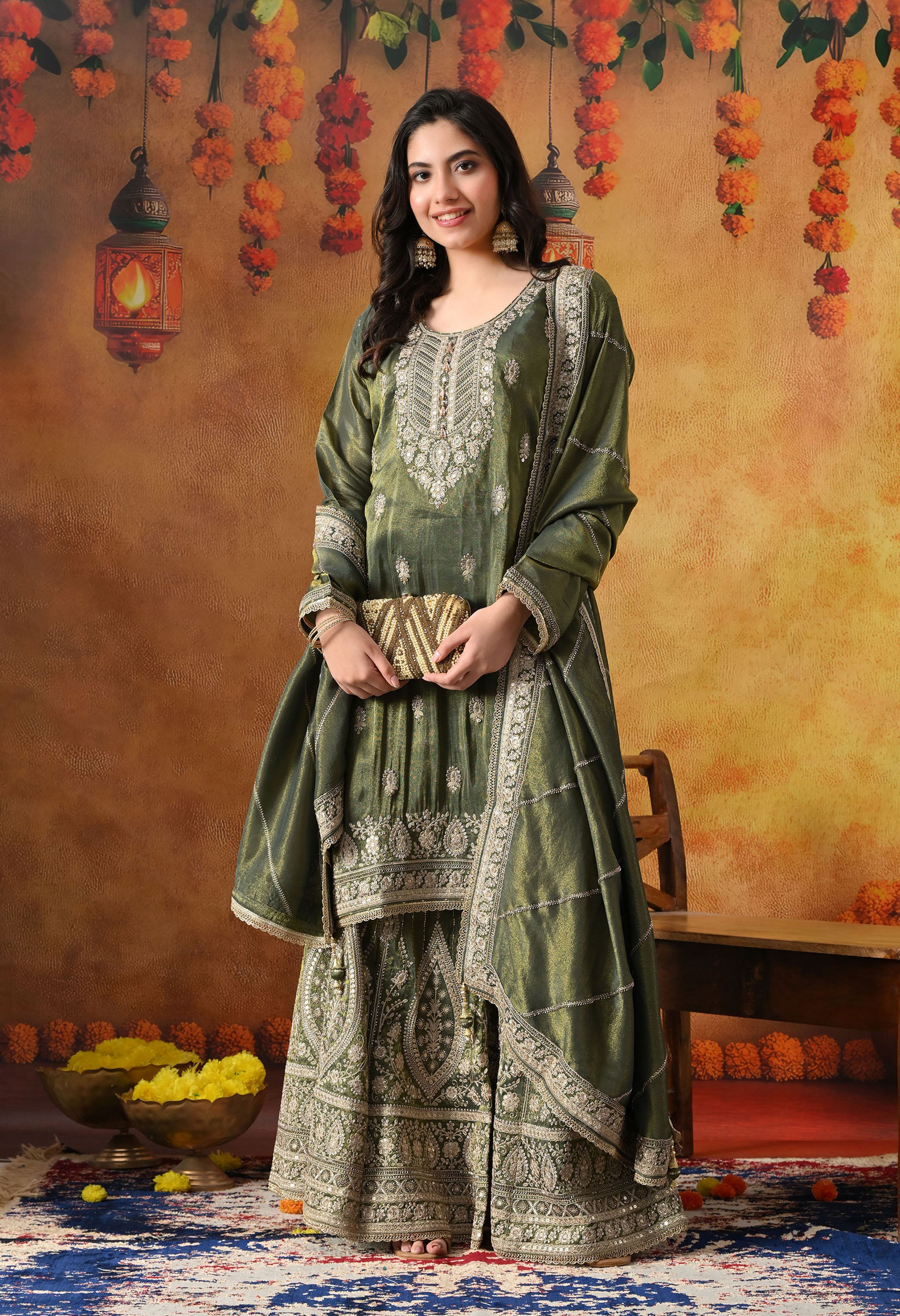 Mehndi Green Tissue Crepe Gharara Set