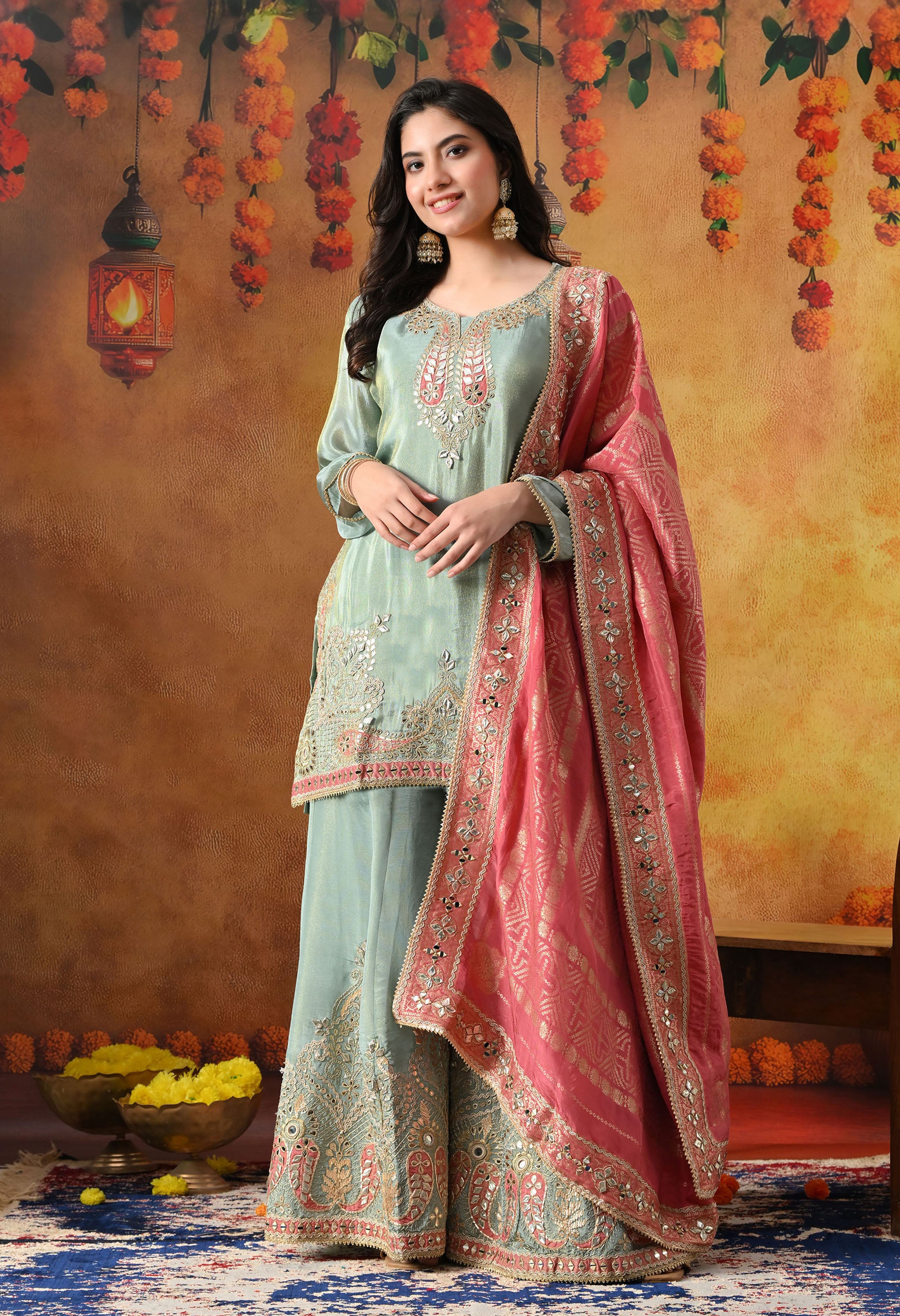 Elegant Light Blue Sharara Set In Tissue Crepe