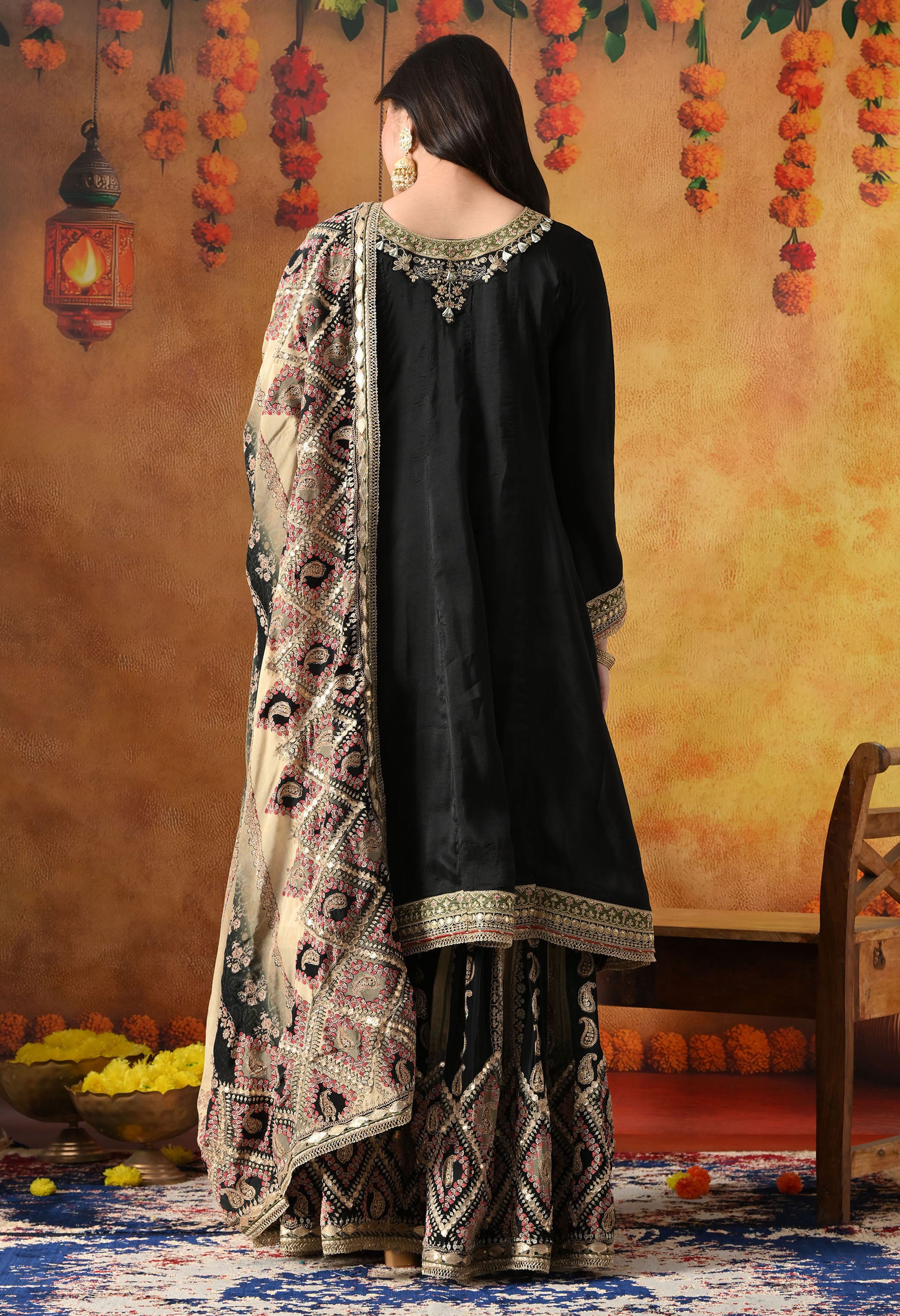 Elegant Black Gharara Set In Crepe