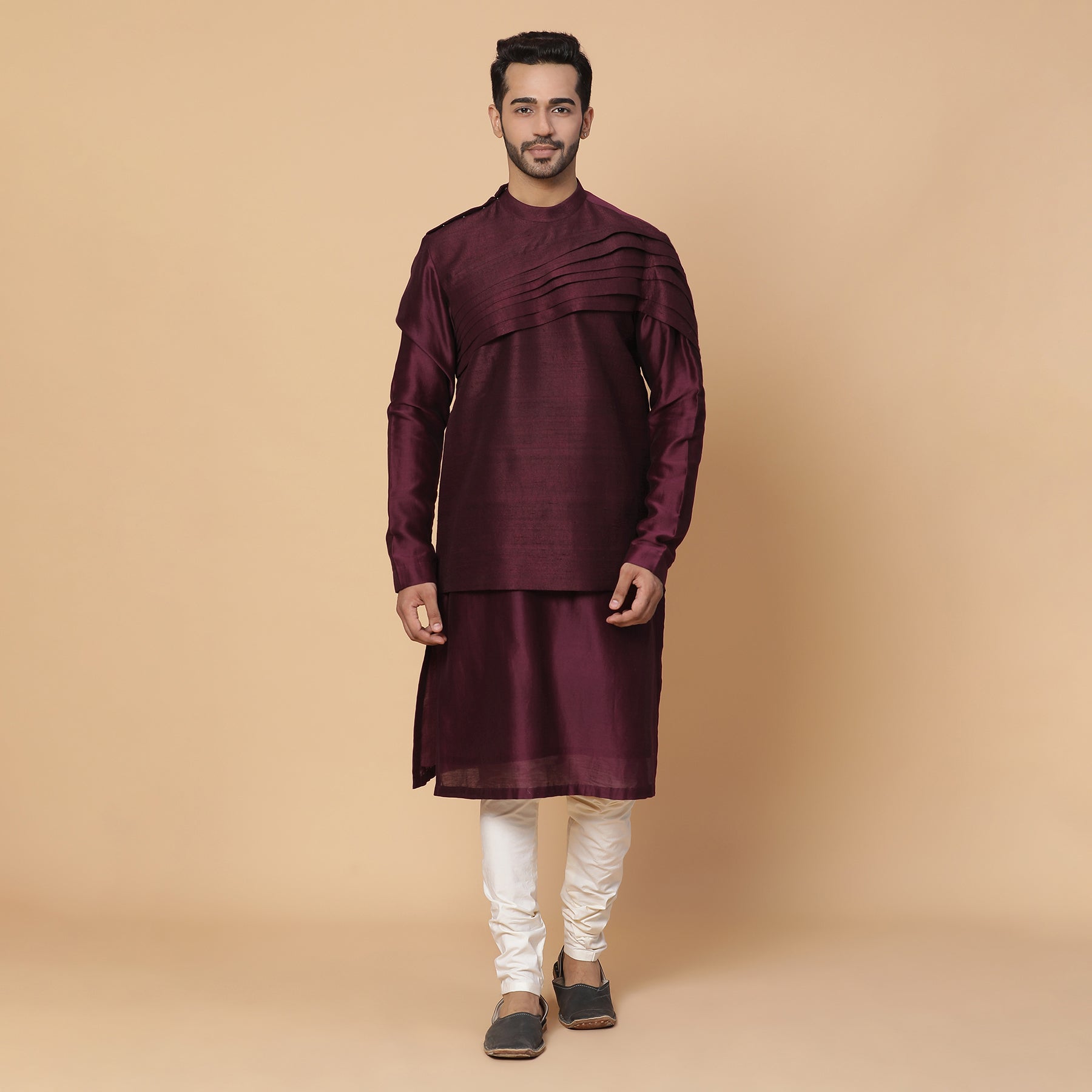 Maroon Shoulder Pleated Kurta Set