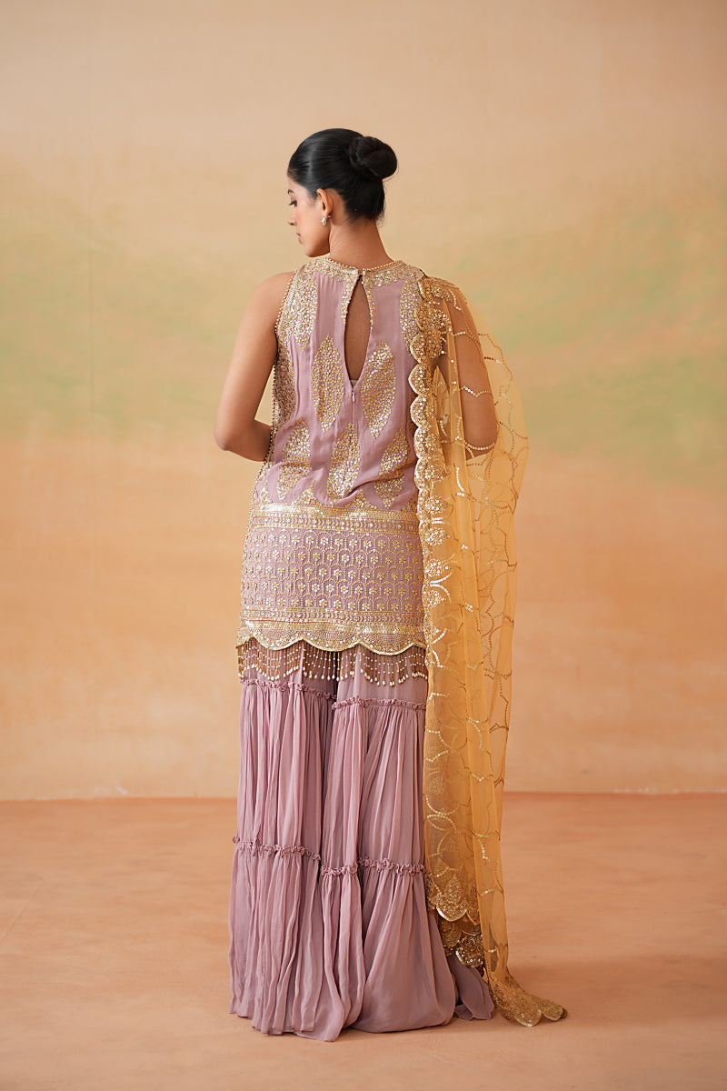 Mauve Ready Fabric Kurti, Garara And Mustard Dupatta