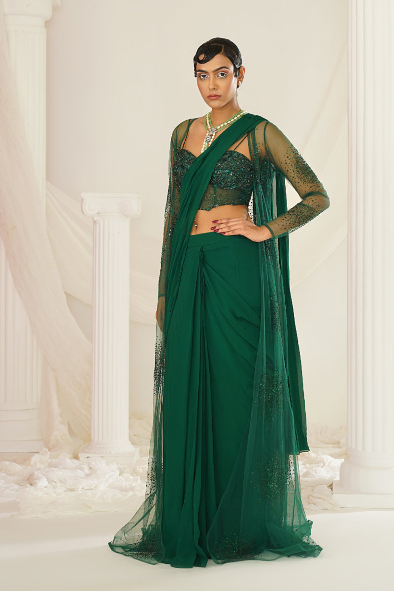 Bottle Green Embellished Corset Blouse, Ready To Wear Saree And Long Jacket Set