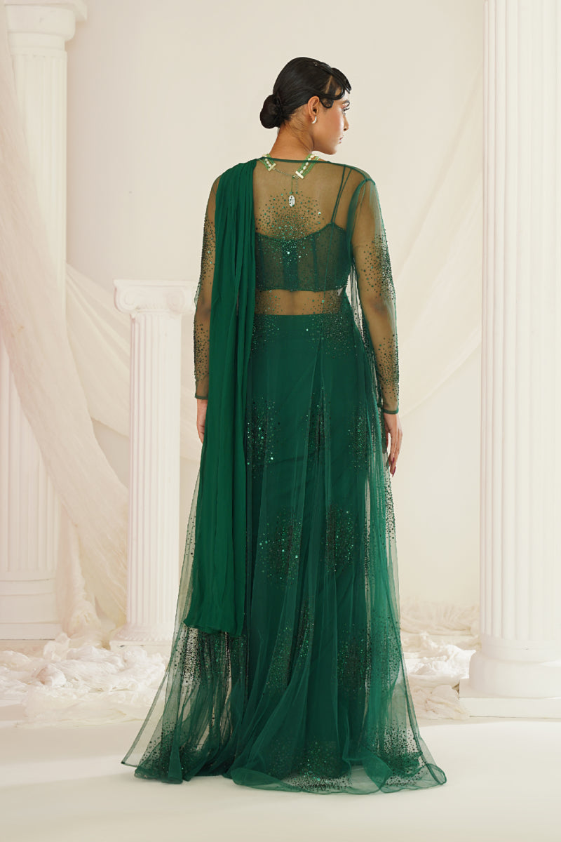 Bottle Green Embellished Corset Blouse, Ready To Wear Saree And Long Jacket Set