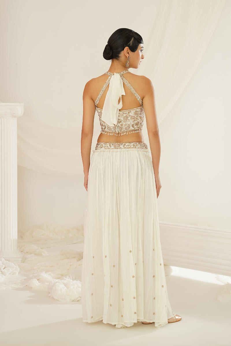 White Embellished Kurta, Pallazo And Dupatta Set