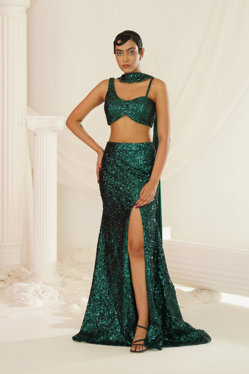 Bottle Green Embellished Choli, Skirt And Chokar Dupatta Set