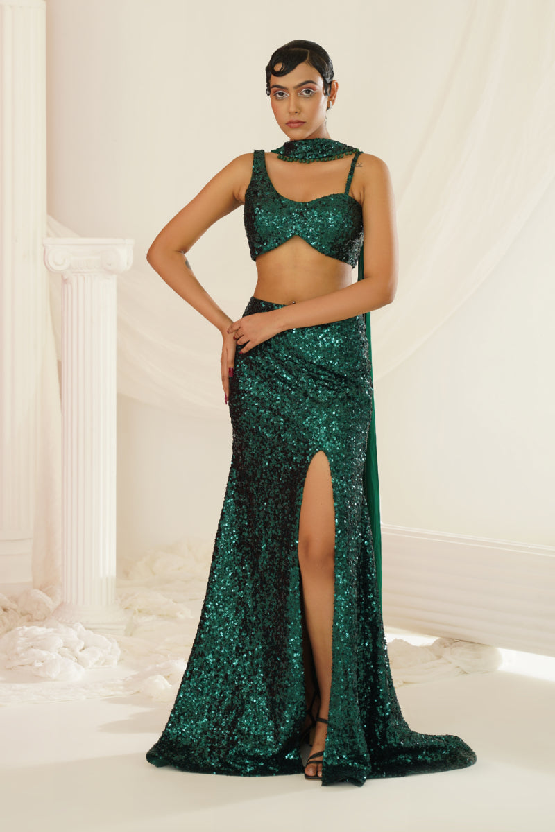 Bottle Green Embellished Choli, Skirt And Chokar Dupatta Set