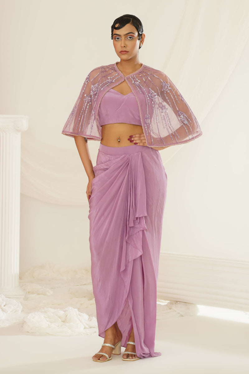 Lavender Embroidered Blouse With
Ready To Wear Drape Dhoti Set