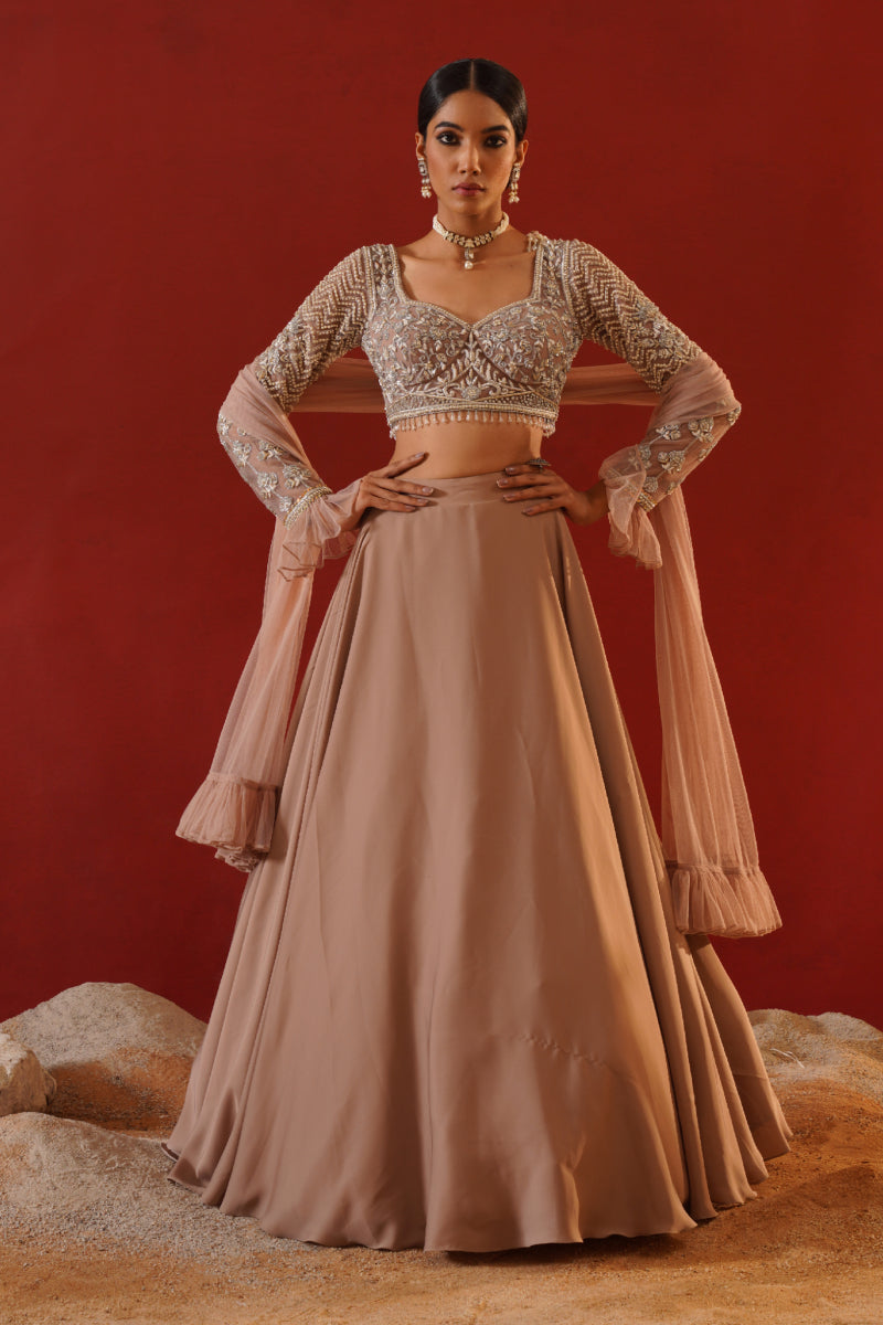 Beige Satin Lehenga Choli Set