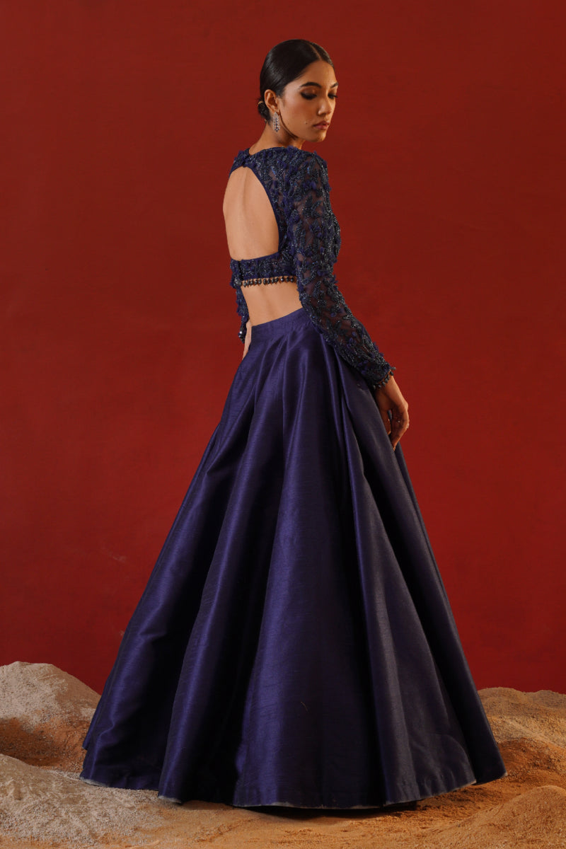 Navy Blue Dupion Silk Lehenga Choli Set