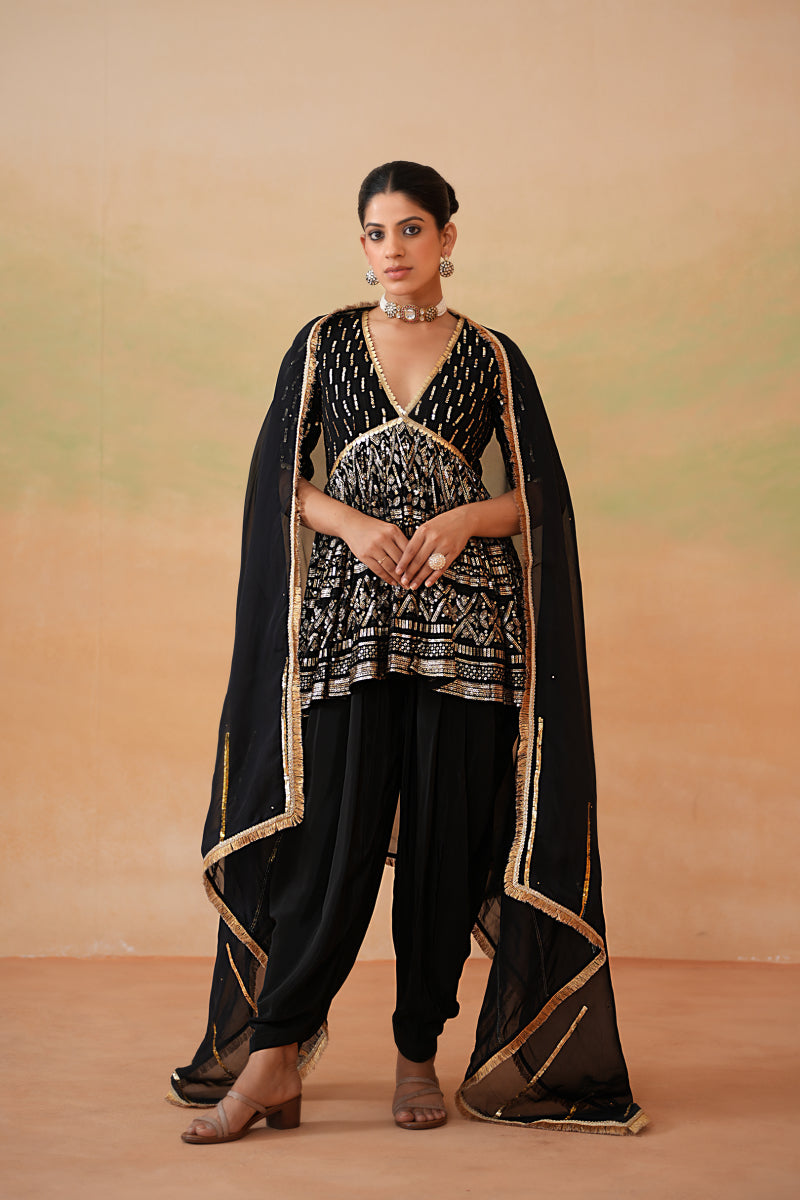 Black Embroidery Fabric Peplum Kurti, Dhoti Salwar And Dupatta