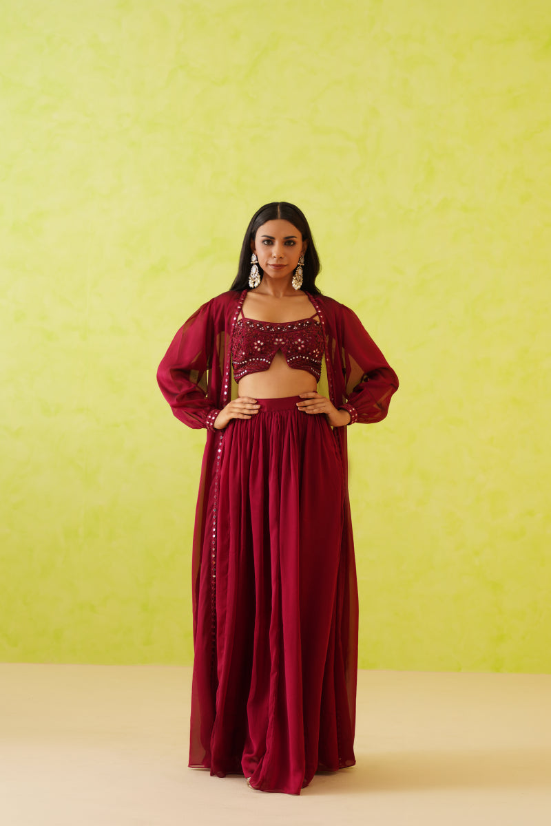 Maroon Embroidered Crop Top, Jacket And Skirt Set