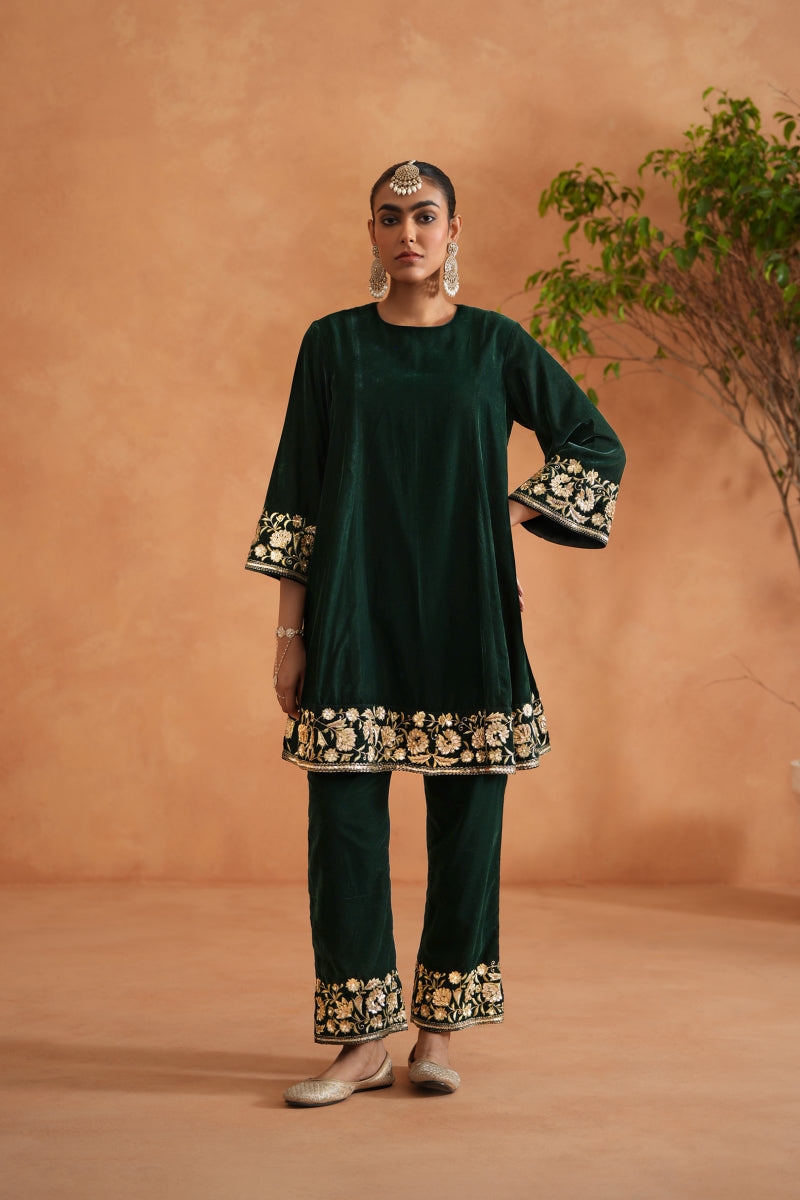 Emerald Green Velvet Embroidered Tunic And Pants