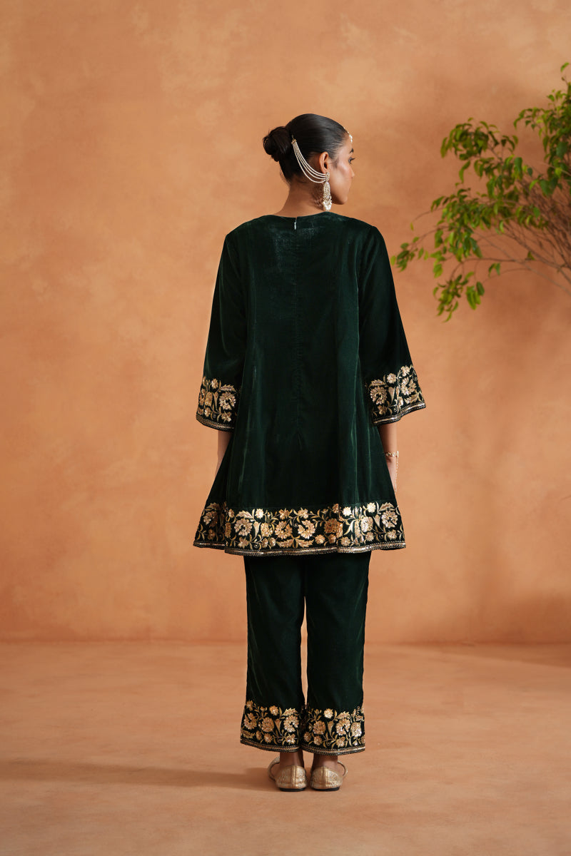 Emerald Green Velvet Embroidered Tunic And Pants