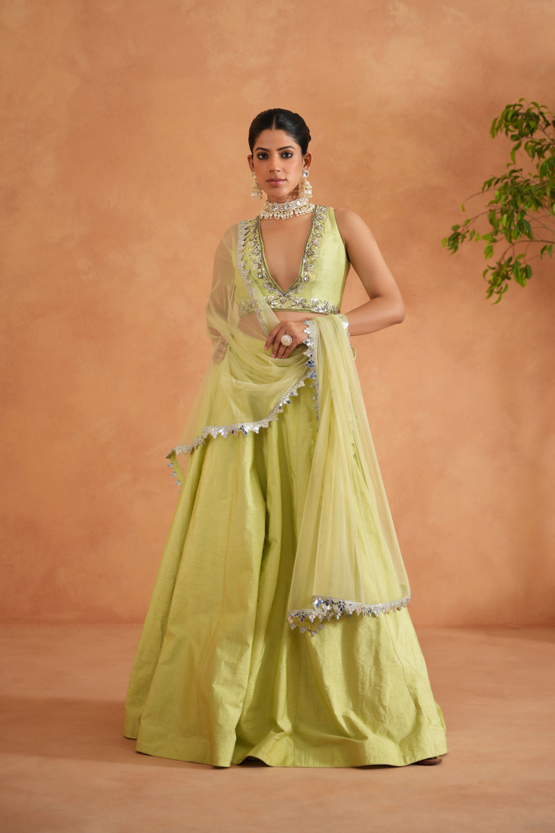 Lime Yellow Embroidered Blouse, Lehenga And Dupatta