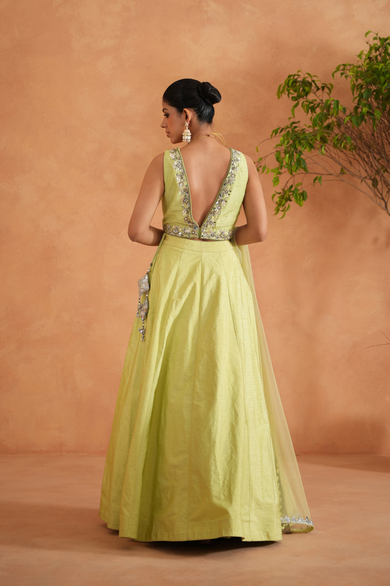 Lime Yellow Embroidered Blouse, Lehenga And Dupatta