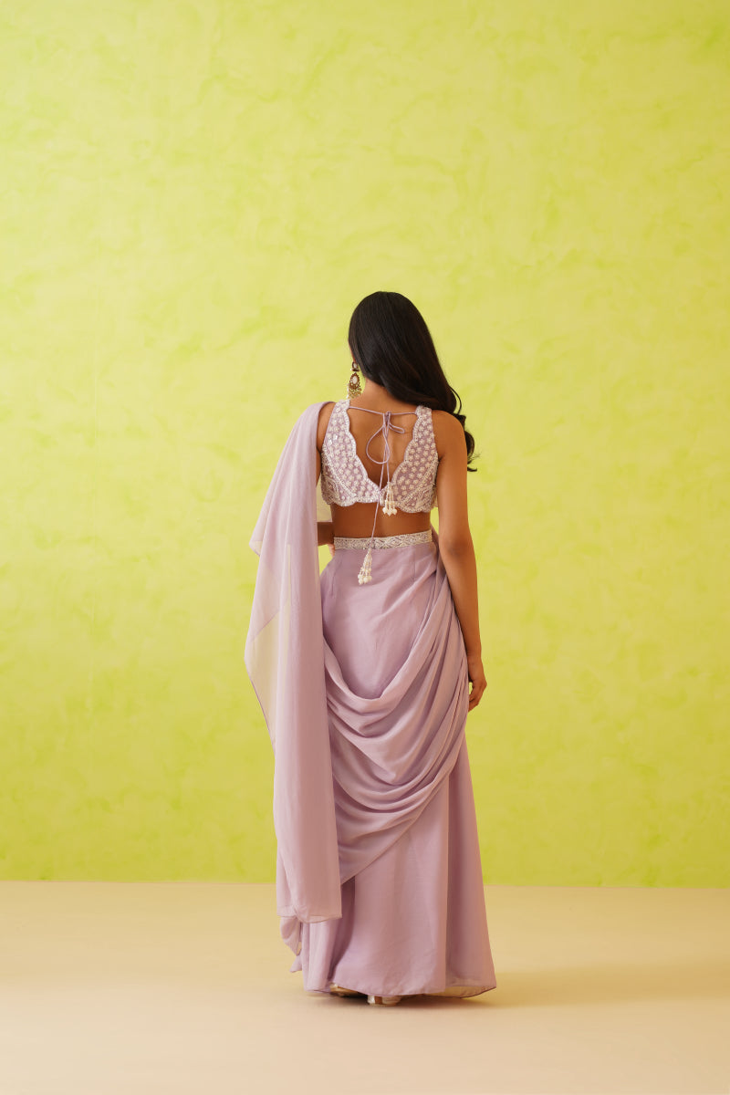 Mauve Drape Saree And Embroidered Blouse Set