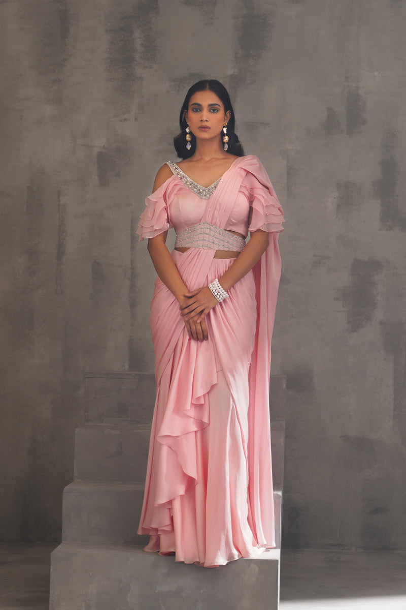 Baby Pink Embroidered Blouse And Draped Saree