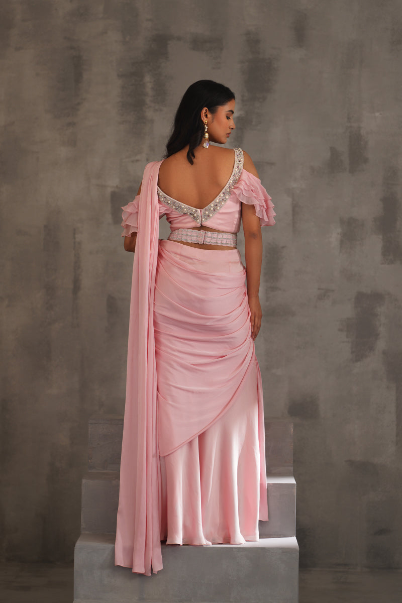 Baby Pink Embroidered Blouse And Draped Saree