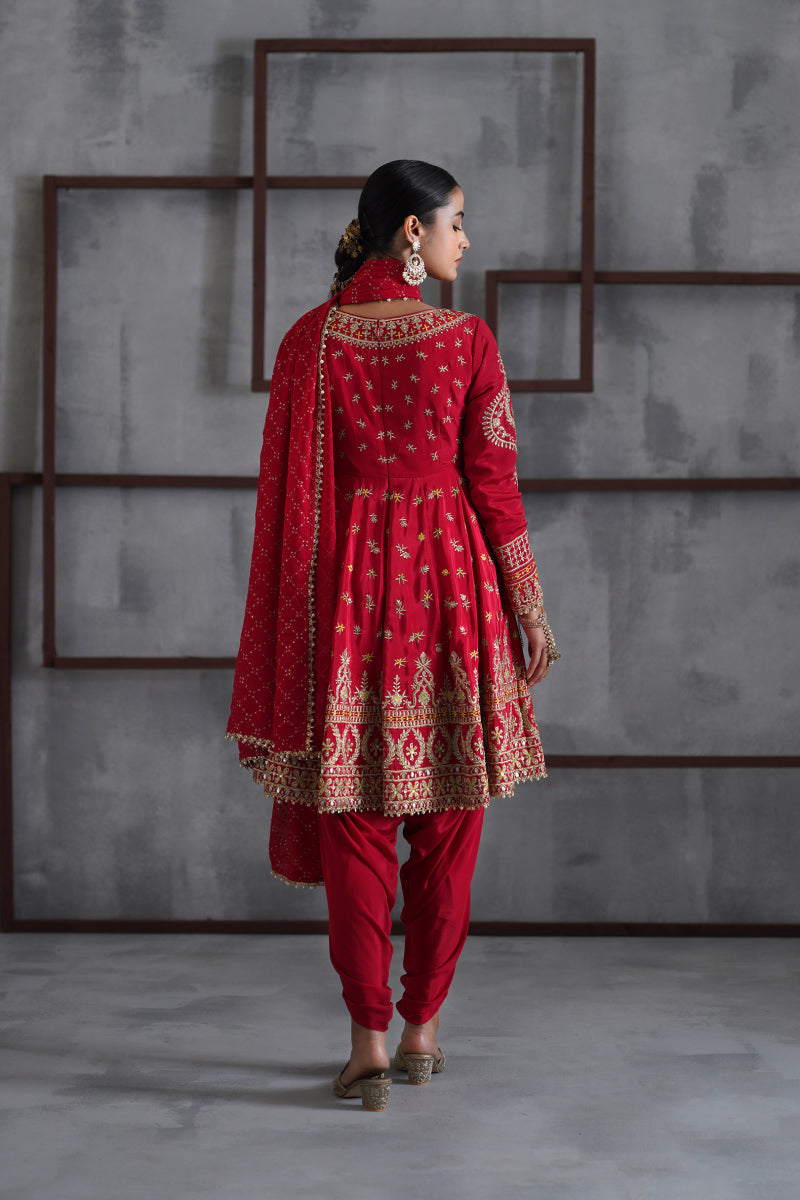 Red Embroidered Anarkali, Tulip Pants And Dupatta