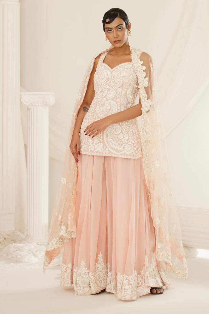 Blush Pink Embellished Kurta, Pallazo And Dupatta Set