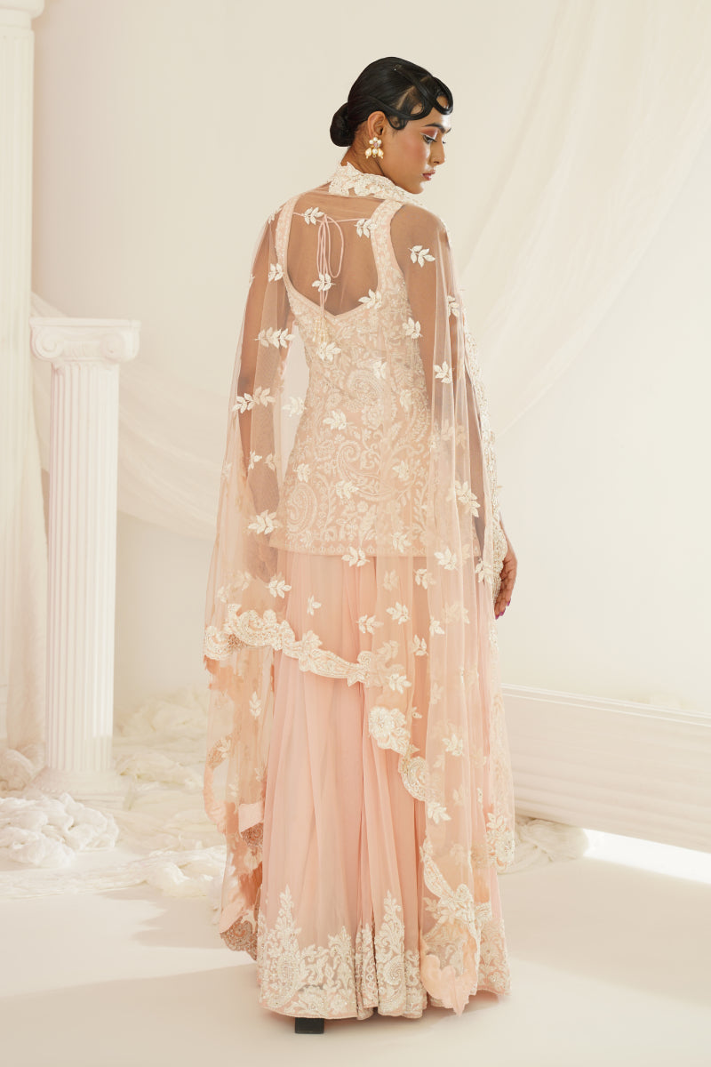 Blush Pink Embellished Kurta, Pallazo And Dupatta Set