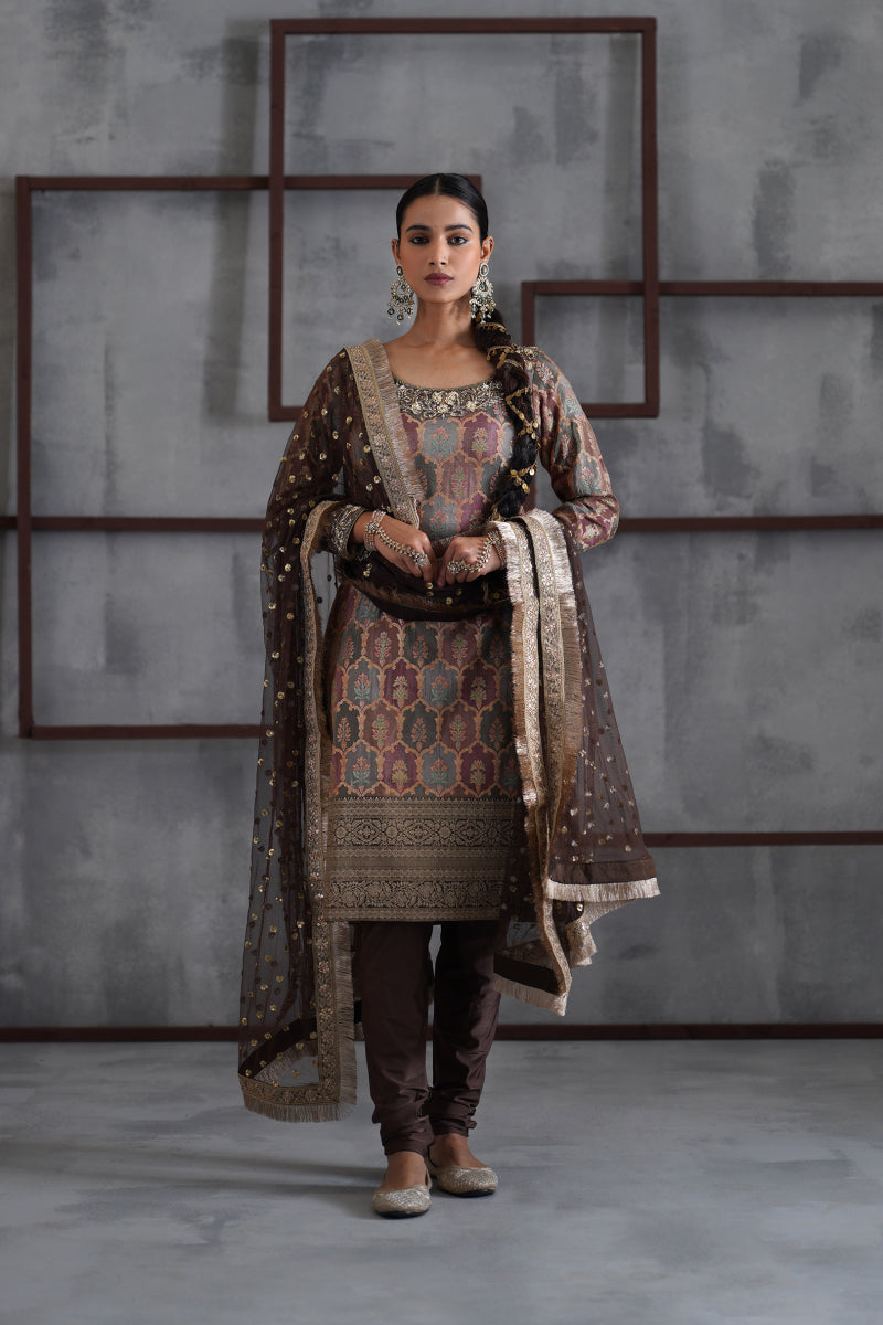 Brown Brocade Kurti, Churidar And Dupatta