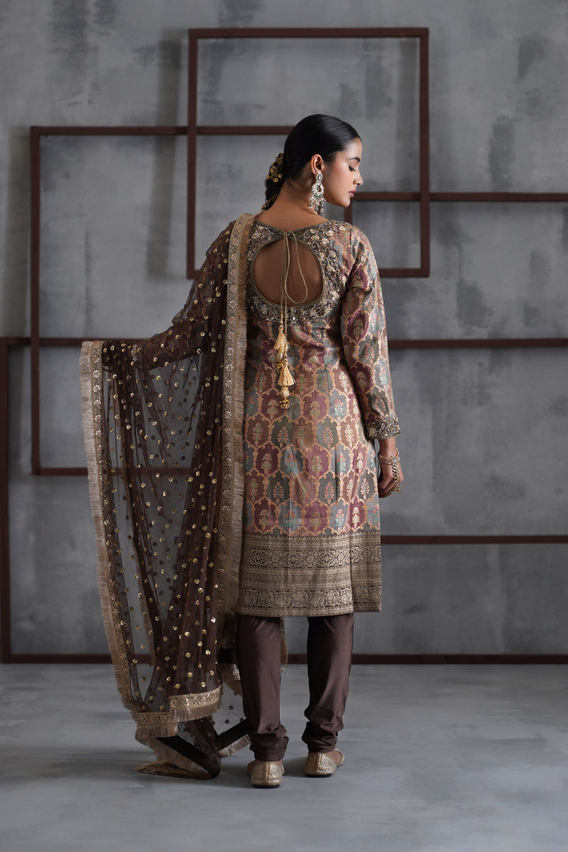 Brown Brocade Kurti, Churidar And Dupatta