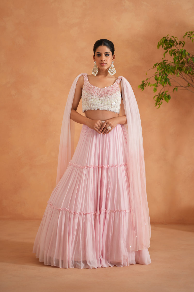 White And Pink Embroidered Blouse, Lehnaga And Dupatta