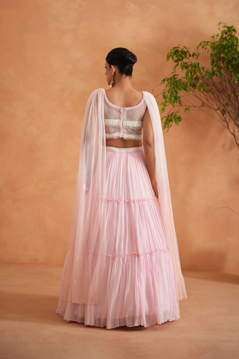 White And Pink Embroidered Blouse, Lehnaga And Dupatta