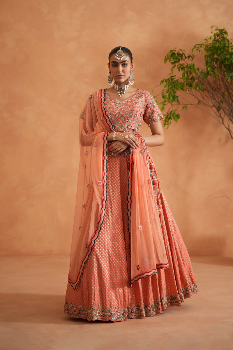 Coral Embroidery Blouse, Brocade Lehnaga And Dupatta