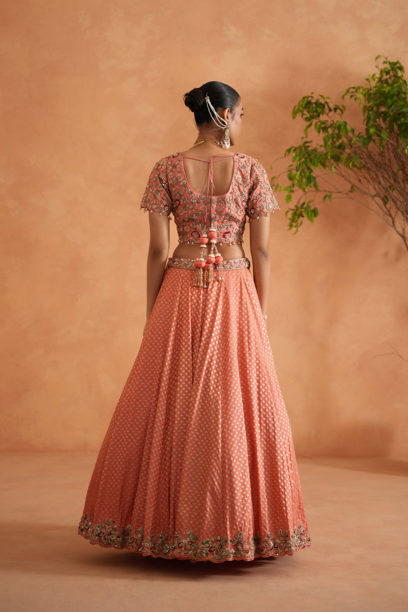 Coral Embroidery Blouse, Brocade Lehnaga And Dupatta