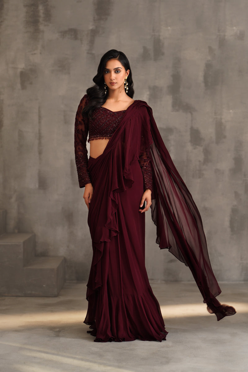 Wine Embroidered Blouse And Draped Ruffle Saree