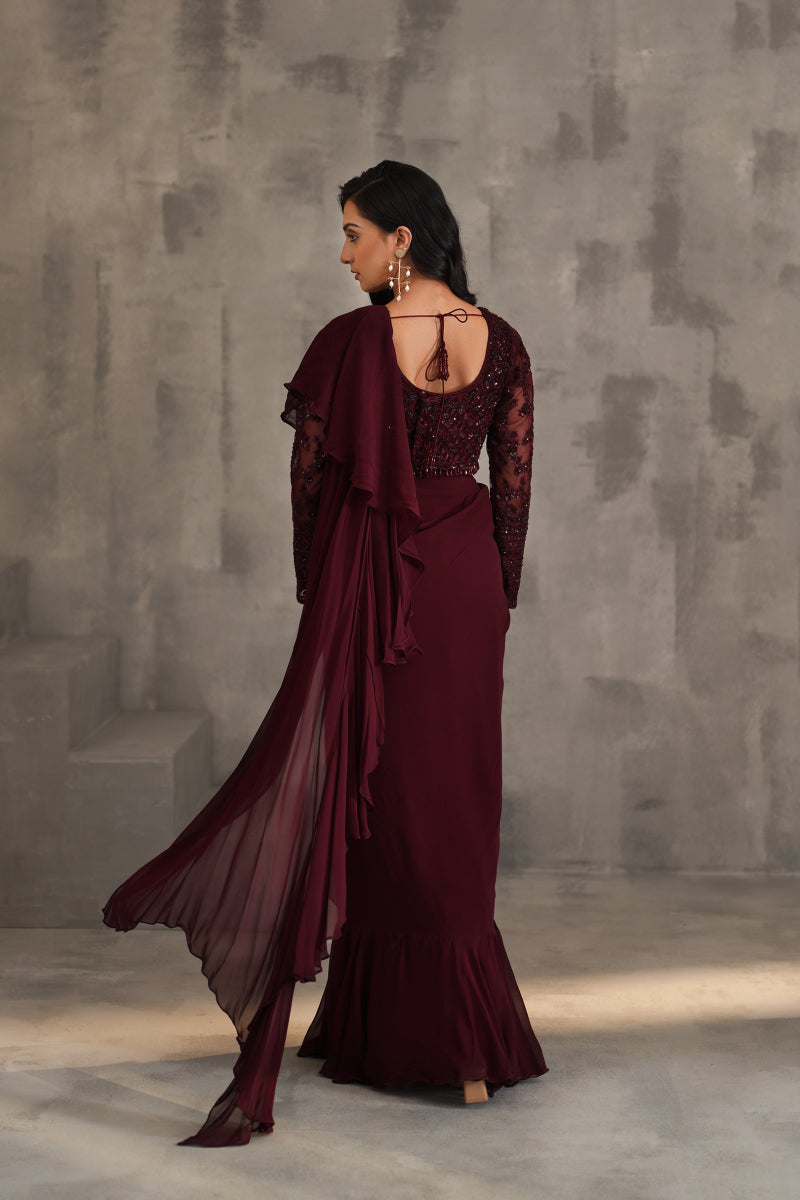 Wine Embroidered Blouse And Draped Ruffle Saree