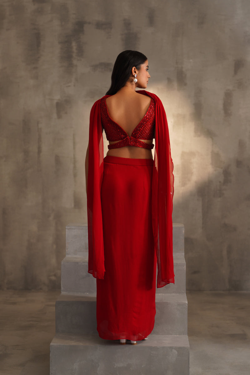 Red Embroidered Blouse And Dhoti Skirt, Choker Dupatta