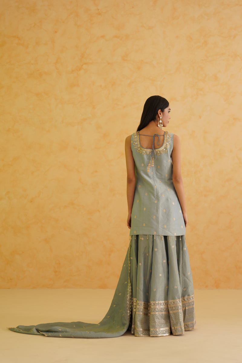 Grey Georgette Tissue Garara, Kurti And Dupatta Set