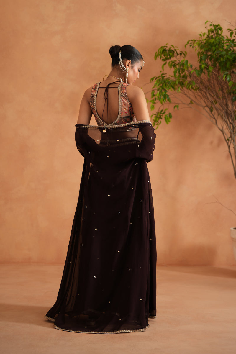 Printed Blouse, Sharara And Long Jacket