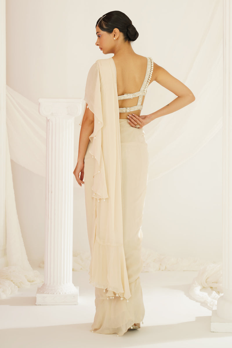 Ivory Embroidered Blouse With Ready To Wear Ruffle Saree Set