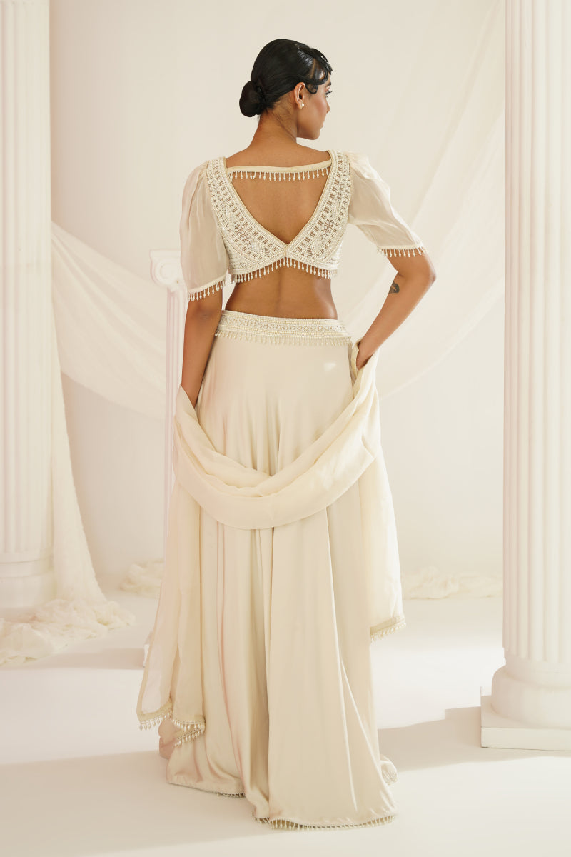 Ivory Crystals And Pearl Embroidered Lehenga Set
