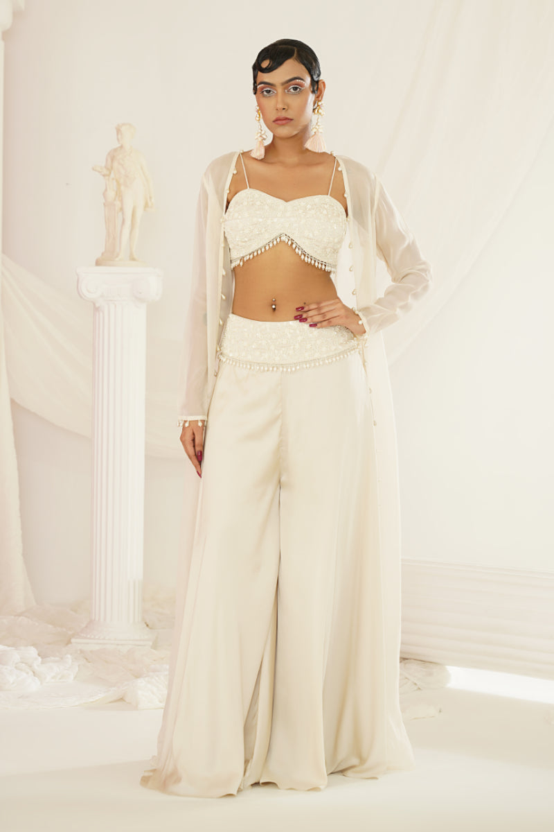 Ivory Crytals And Pearl Embroidered Blouse, Palazzo Jacket Set