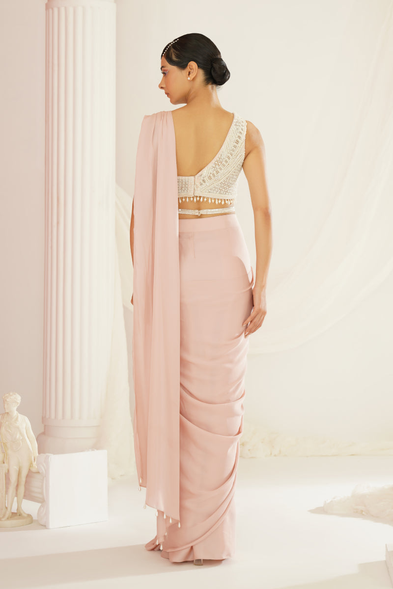 Blush Pink Embroidered Blouse With Ready To Wear Drape Saree Set