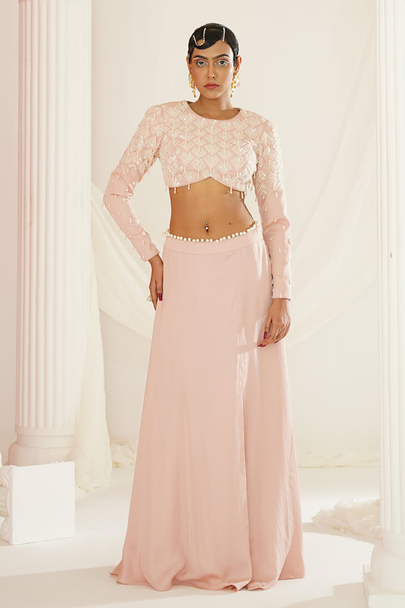 Blush Pink Embellished Skirt With Slit , Blouse
And Dupatta Set