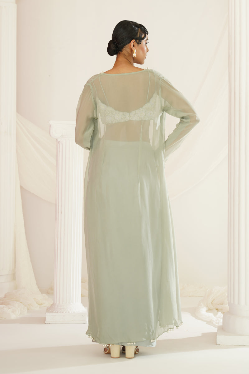 Sage Green Embellished Blouse, Dhoti And Long Jacket Set