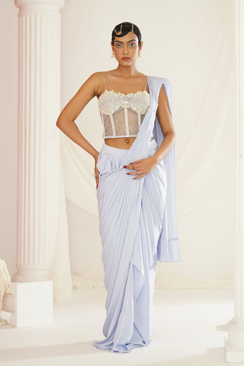 Powder Blue Embroidered Corset Blouse With
Ready To Wear Drape Saree Set