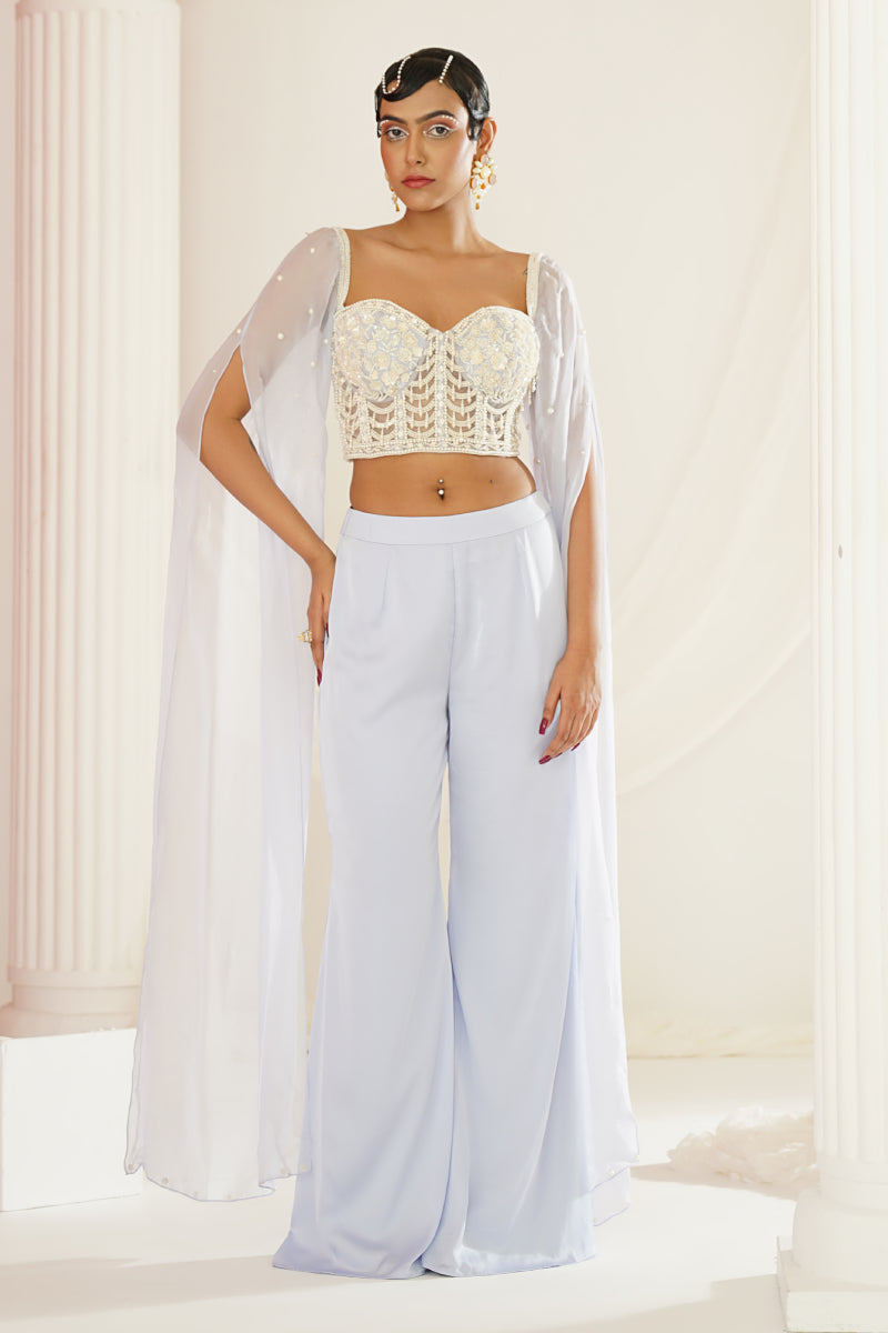 Powder Blue Embellished Blouse And Pallazo Set