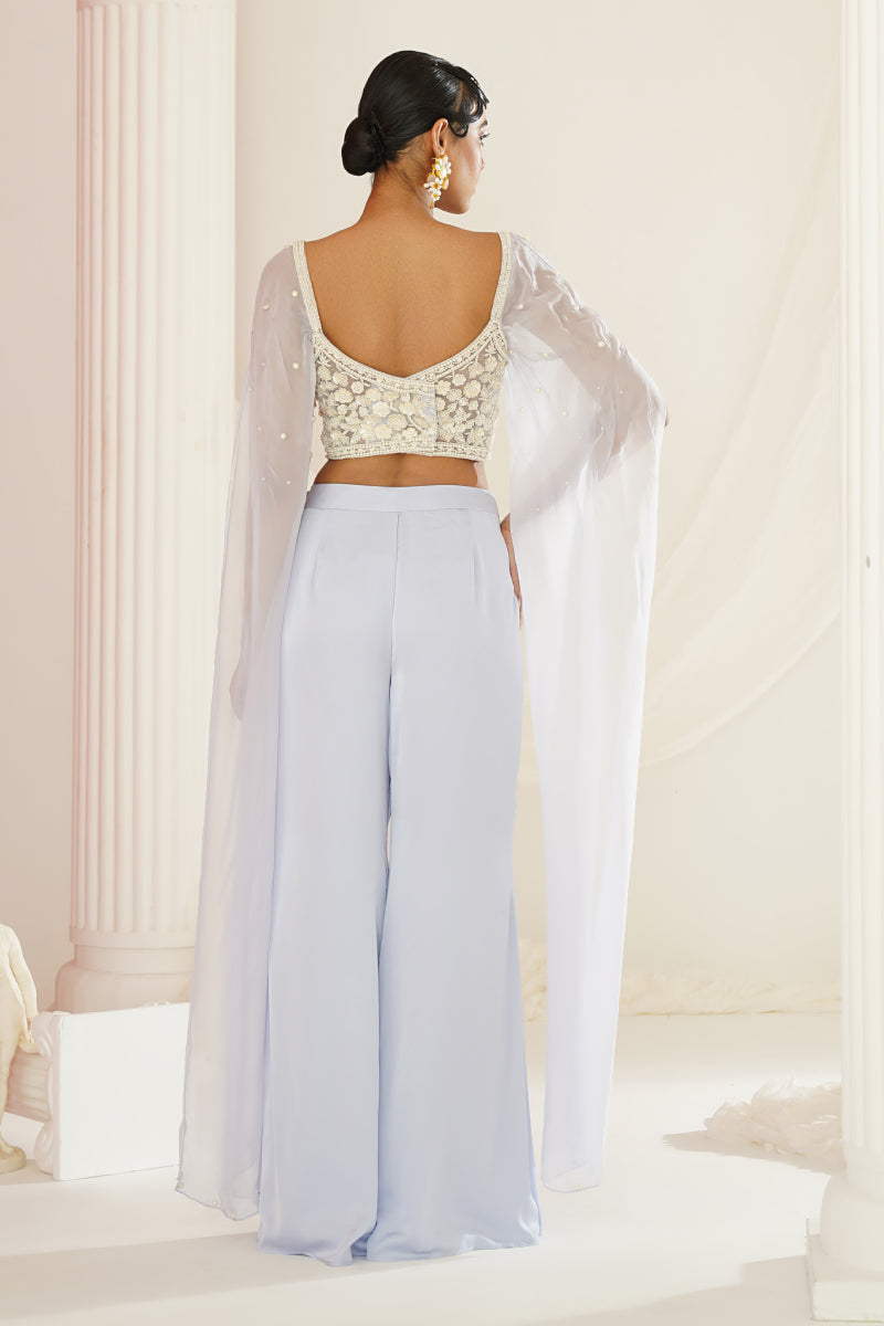 Powder Blue Embellished Blouse And Pallazo Set