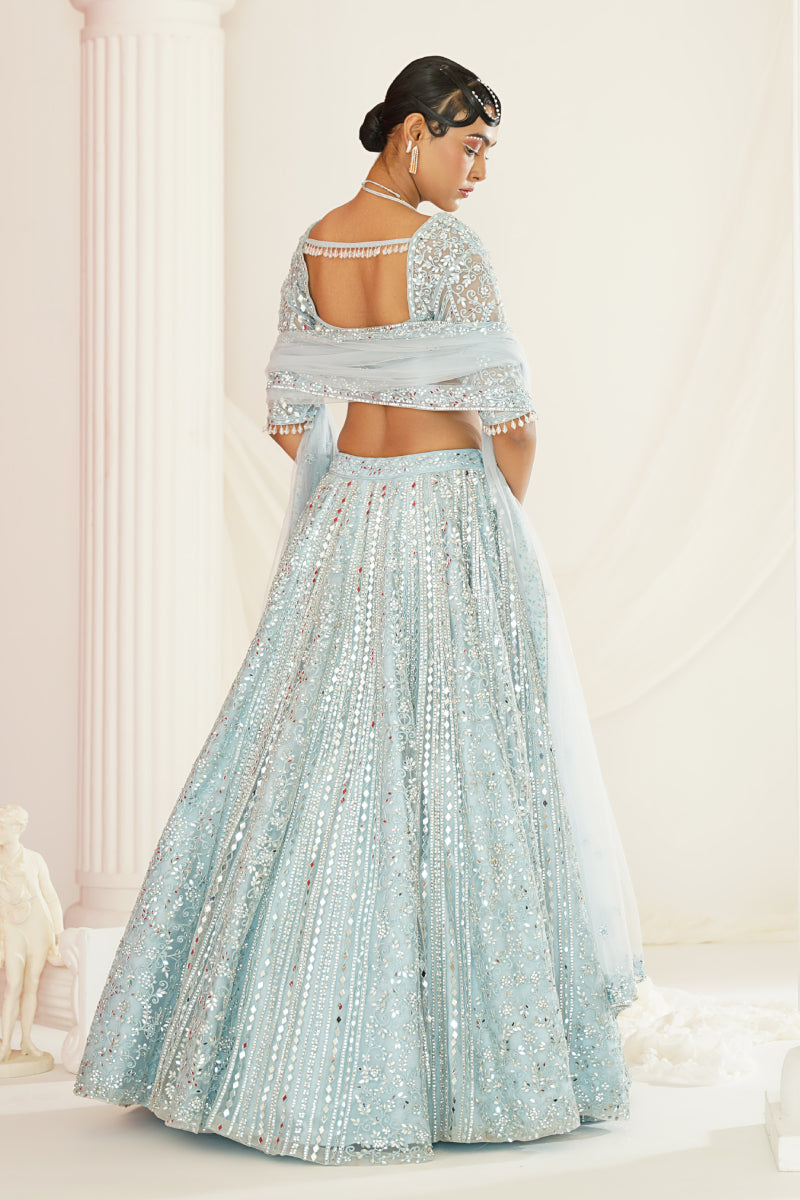 Aqua Blue Embellished Choli, Lehenga And Dupatta Set