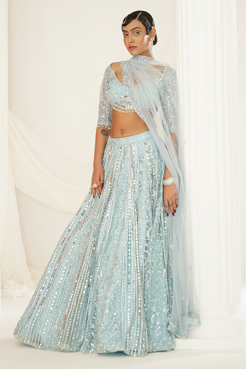 Aqua Blue Embellished Choli, Lehenga And Dupatta Set